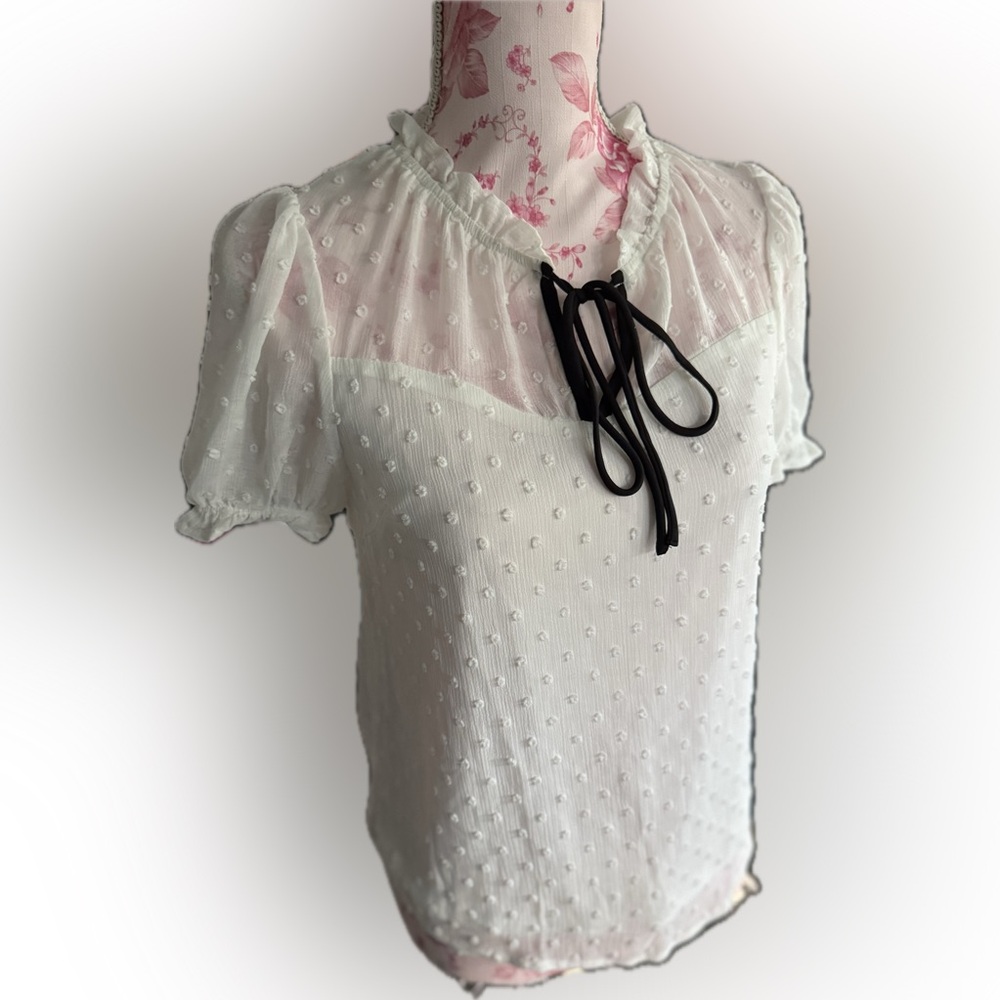 Elegant White Sheer Blouse with Black Tie